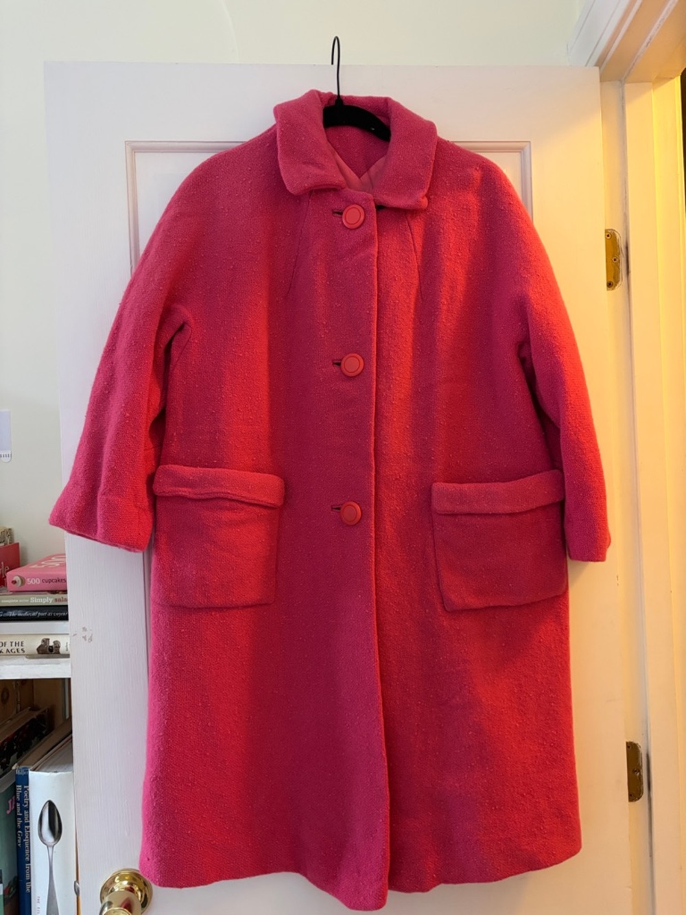 Vintage Kingsley Women's Bright Pink Wool Pea Coat with Patch Pockets